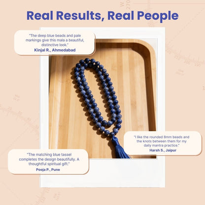 Overhead spiral arrangement of 108 Sodalite 8 mm beads displayed beside a protective drawstring storage pouch