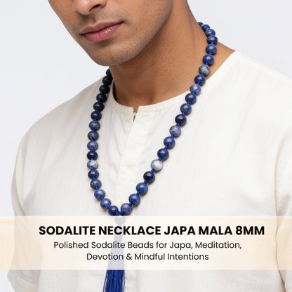 Hand-polished Sodalite guru bead finished with matching deep navy blue silky hanging tassel