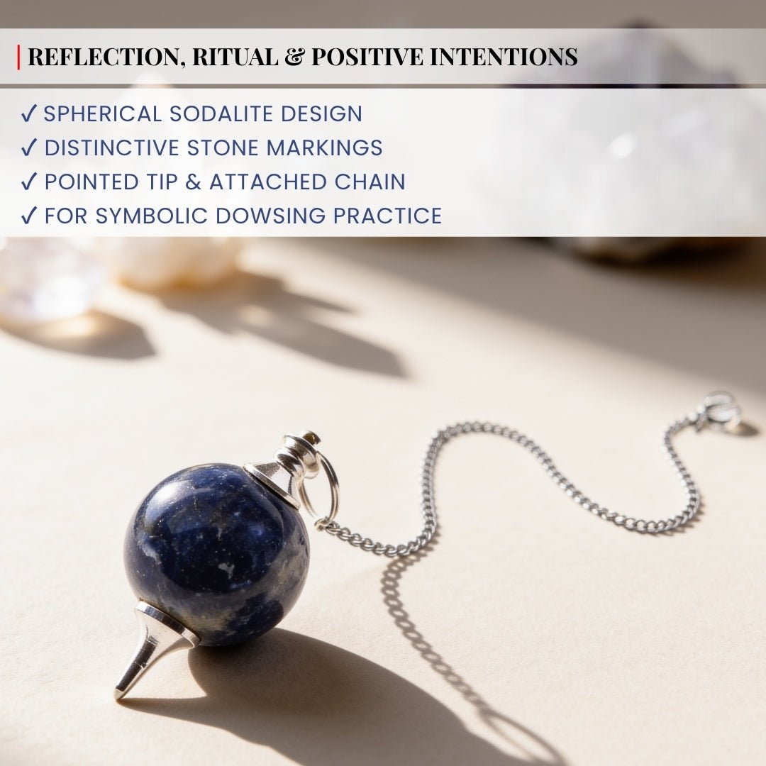Durable silver-plated metal ball chain and secure loop fixture holding smooth Sodalite crystal sphere