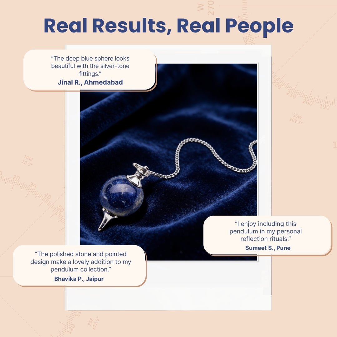 Sodalite sphere dowsing pendulum displayed beside protective velvet storage pouch and gift box