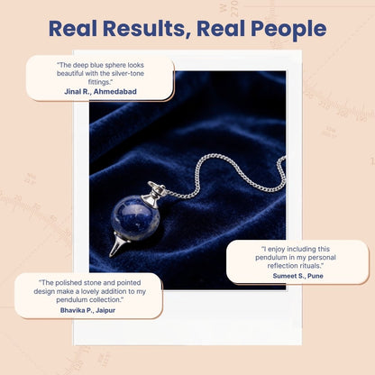 Sodalite sphere dowsing pendulum displayed beside protective velvet storage pouch and gift box