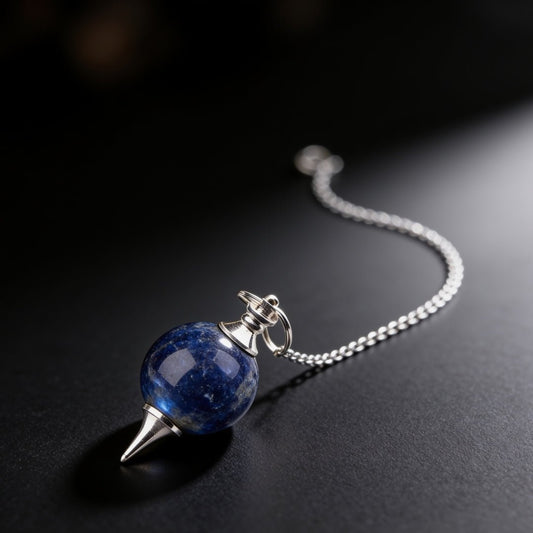 Natural Sodalite crystal ball dowsing pendulum suspended from silver-tone chain with end bead