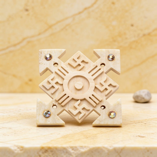 wooden Space-X Swastika Vastu remedy on a plain background