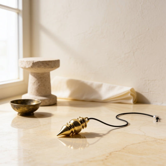 Spectrum model brass dowsing pendulum suspended from sturdy metal chain with end bead