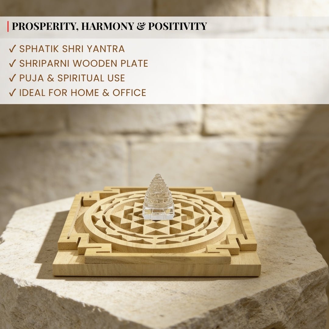 wooden shriparni plate beneath the sphatik crystal shri yantra
