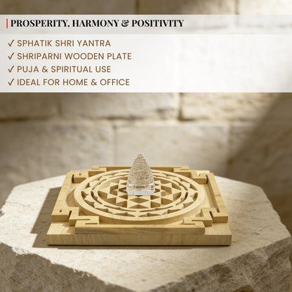 wooden shriparni plate beneath the sphatik crystal shri yantra