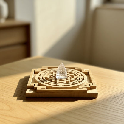 sphatik crystal shri yantra with wooden shriparni plate, full set view