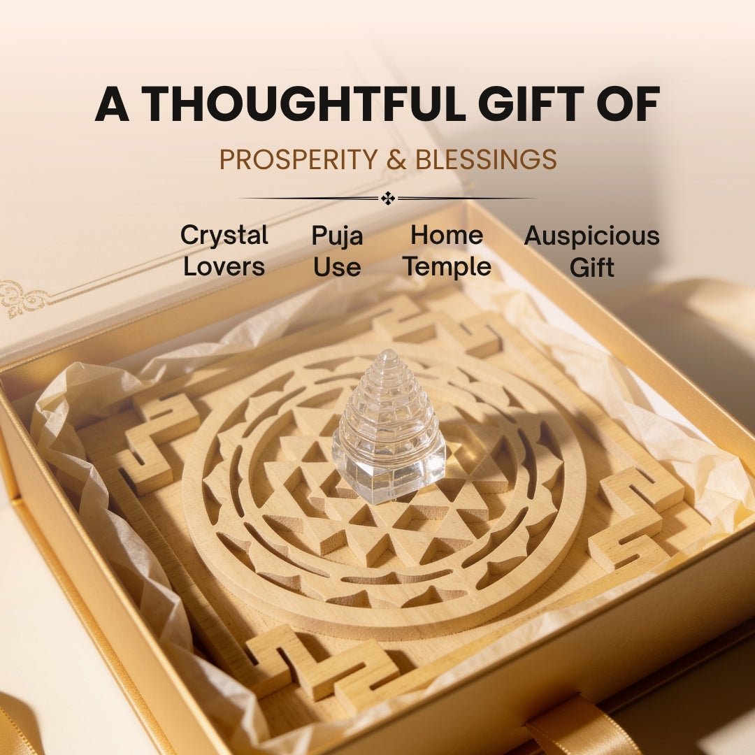 side profile of sphatik shri yantra positioned on its wooden plate