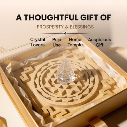 side profile of sphatik shri yantra positioned on its wooden plate