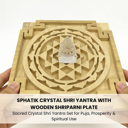 sphatik shri yantra weighing 21–25 g with a 5-inch wooden plate