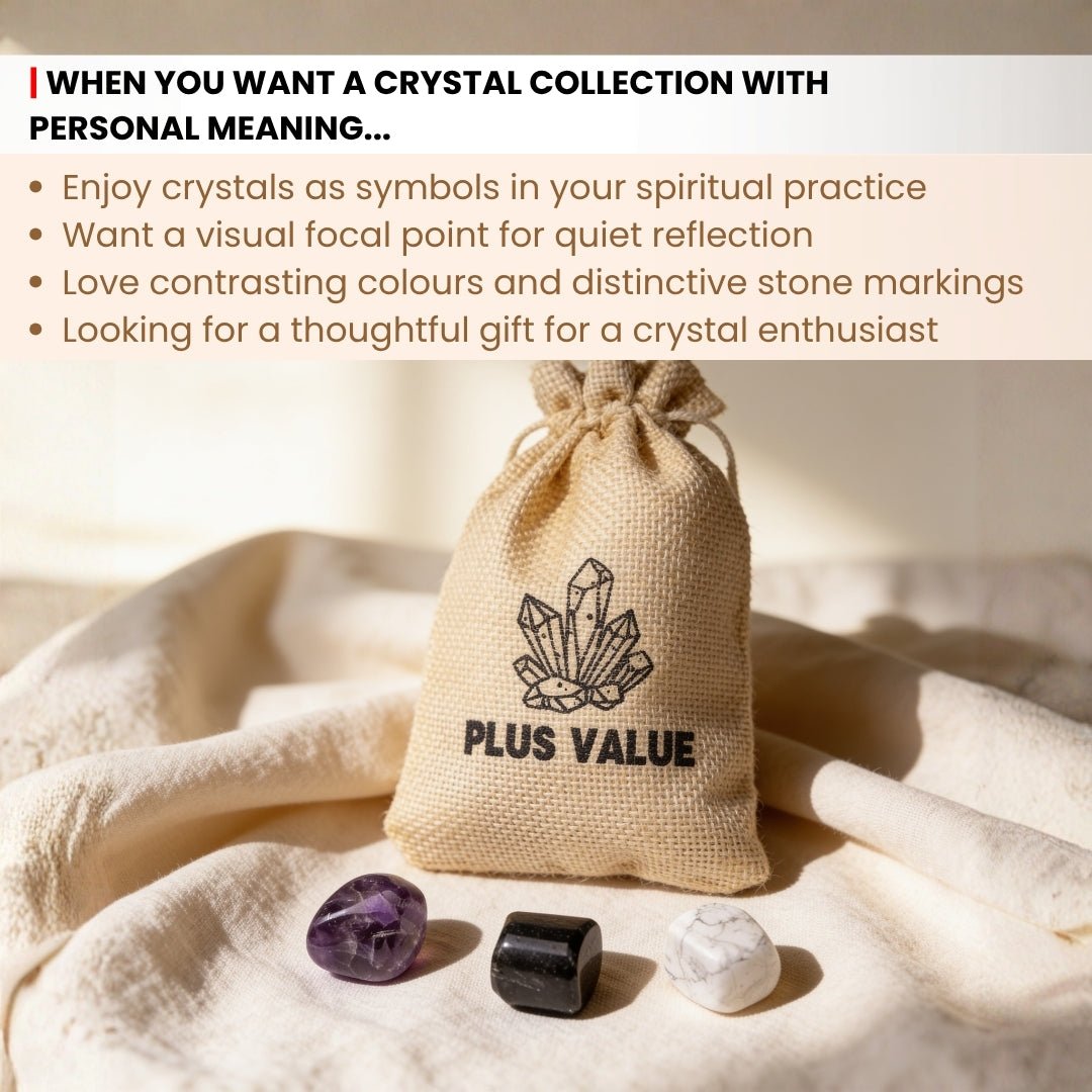 Scale measurement graphic showing 15 mm to 25 mm smooth tumbled stones included in spiritual awakening crystal set