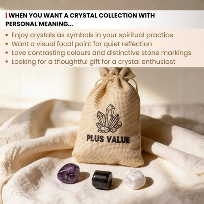 Scale measurement graphic showing 15 mm to 25 mm smooth tumbled stones included in spiritual awakening crystal set