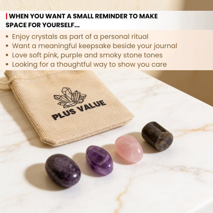 Scale measurement graphic showing 15 mm to 25 mm smooth tumbled stones included in stress-relief crystal kit