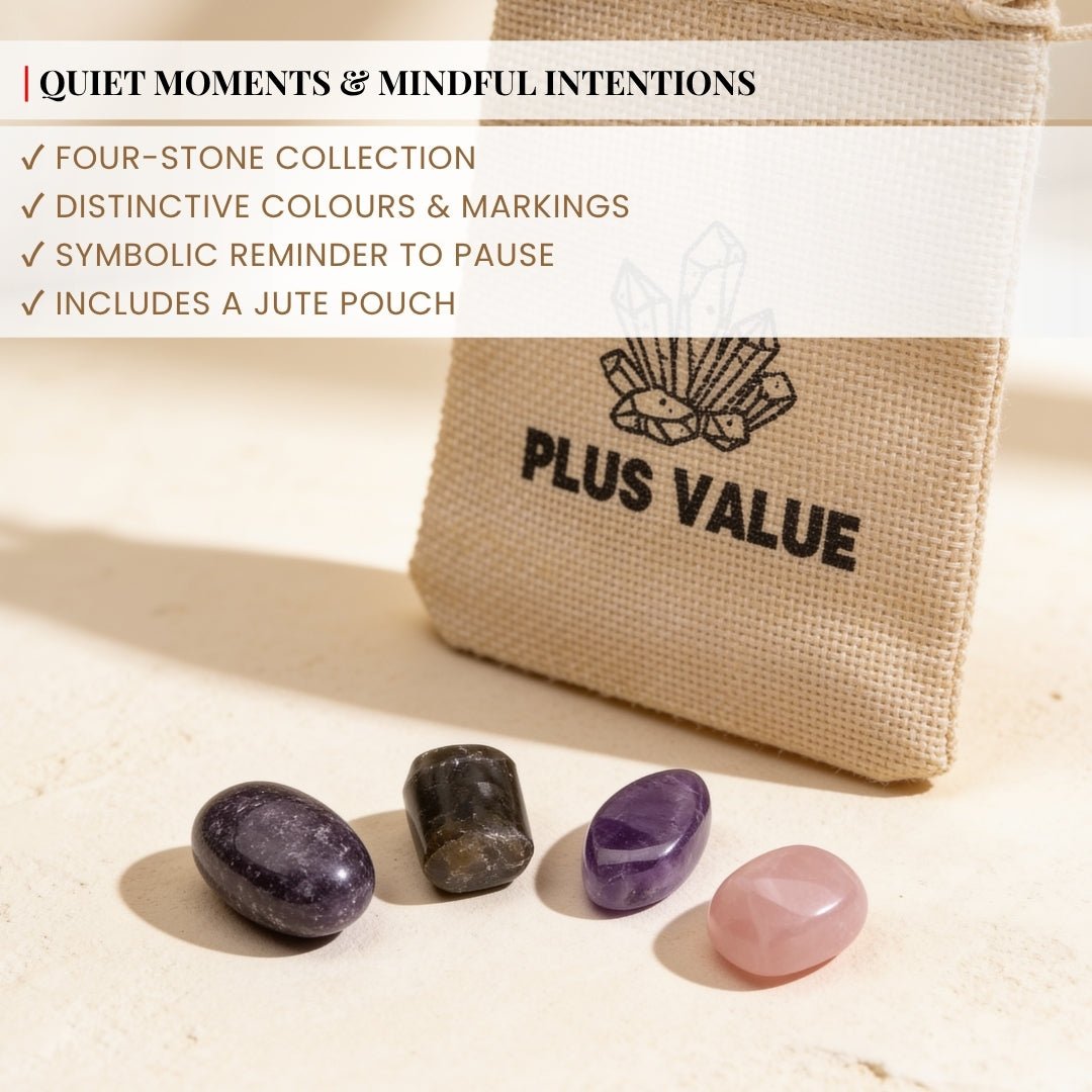 Soft compact fabric drawstring pouch designed to safely carry stress-relief and mindfulness crystals on the go