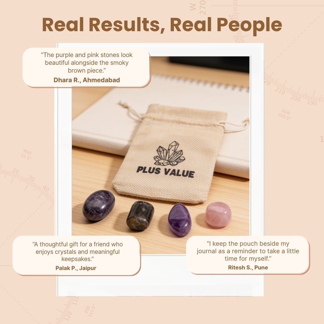 Stress and Calmness pocket crystal kit displayed beside printed relaxation affirmation card in gift packaging