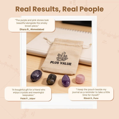 Stress and Calmness pocket crystal kit displayed beside printed relaxation affirmation card in gift packaging