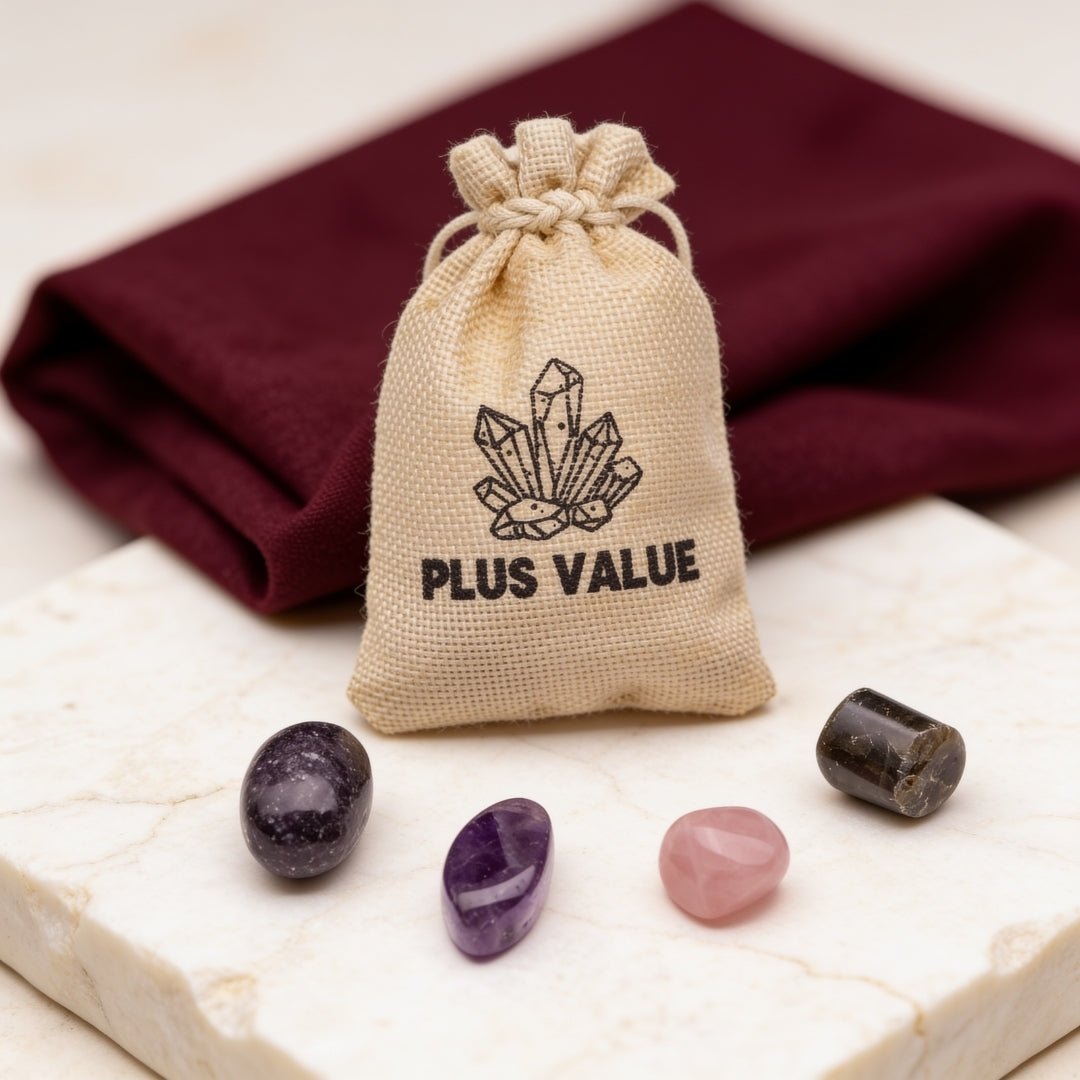 Stress and Calmness pocket crystal bag featuring soothing anxiety-relief tumbled gemstones in a drawstring pouch