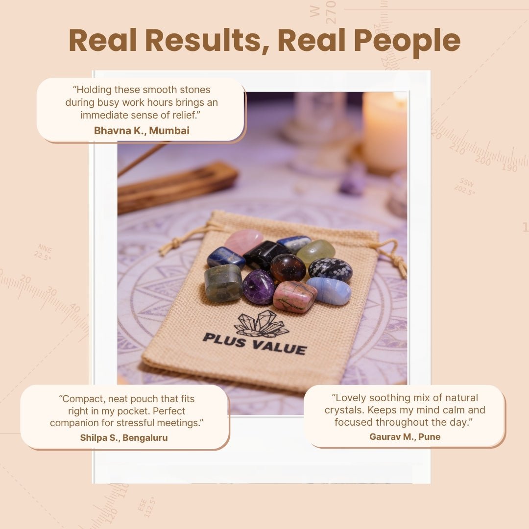 Curated Stress Busters crystal healing set nestled inside an elegant presentation box with a gemstone guide and affirmation card