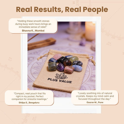 Curated Stress Busters crystal healing set nestled inside an elegant presentation box with a gemstone guide and affirmation card