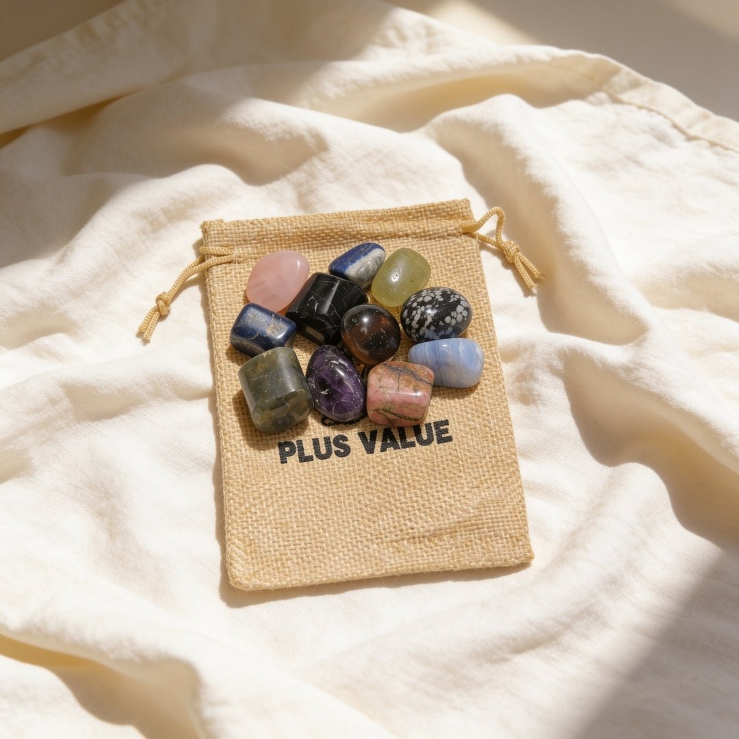 Stress Busters crystal healing bag featuring curated tumbled gemstones including Amethyst, Rose Quartz, Blue Lace Agate, Lepidolite, and Black Tourmaline