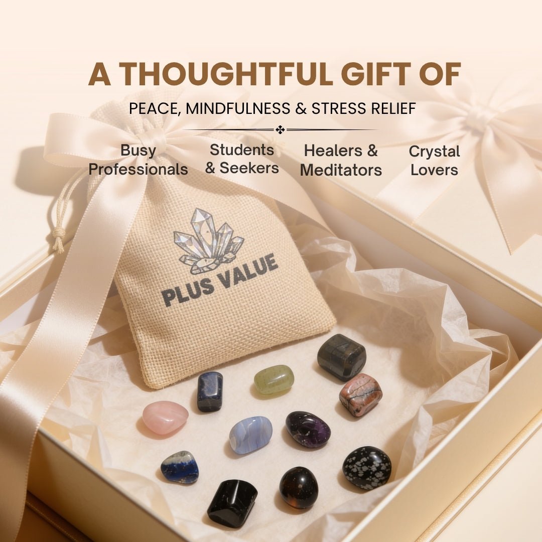 Assortment of smooth tumbled anti-anxiety crystals resting in open hand demonstrating palm size, soothing touch, and rolling texture