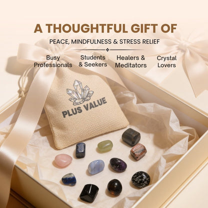 Assortment of smooth tumbled anti-anxiety crystals resting in open hand demonstrating palm size, soothing touch, and rolling texture