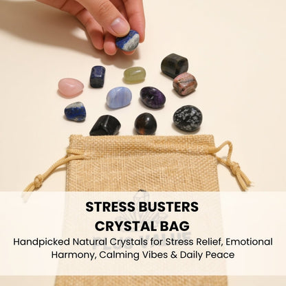 Stress Busters crystal bag placed on a bedside nightstand beside a warm lamp and journal for peaceful sleep and anxiety relief