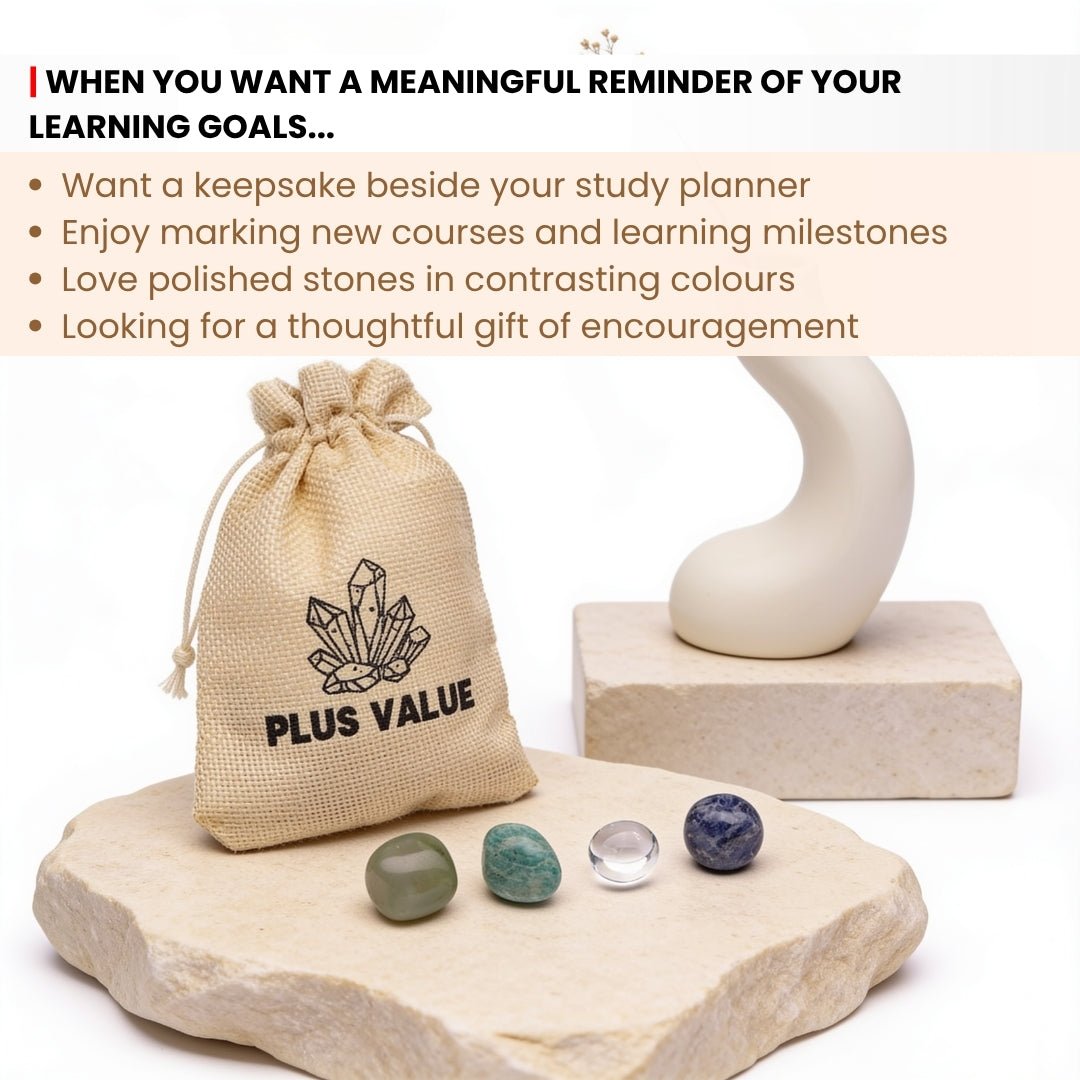 Scale measurement graphic showing 15 mm to 25 mm smooth tumbled stones included in study crystal kit