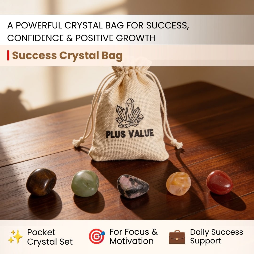 five natural tumbled crystals arranged beside the storage bag