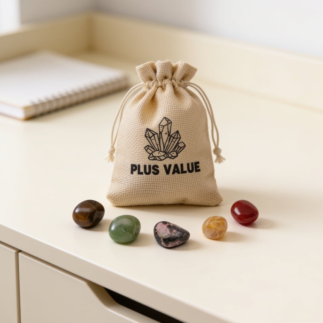 success crystal bag with five assorted tumbled stones
