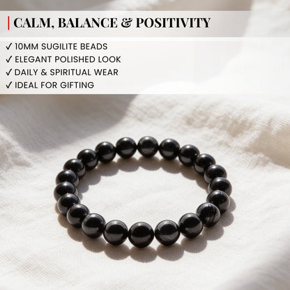 10 mm sugilite beads shown with a diameter measurement