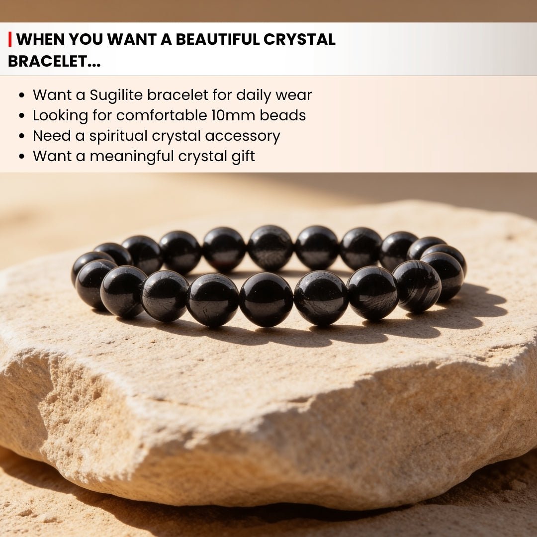 sugilite 10 mm bead bracelet shown on the wrist