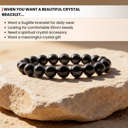 sugilite 10 mm bead bracelet shown on the wrist