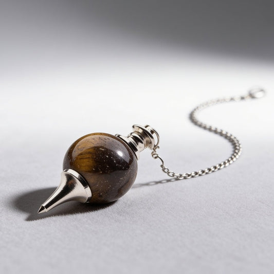 tiger eye crystal ball chain dowsing pendulum on a plain background