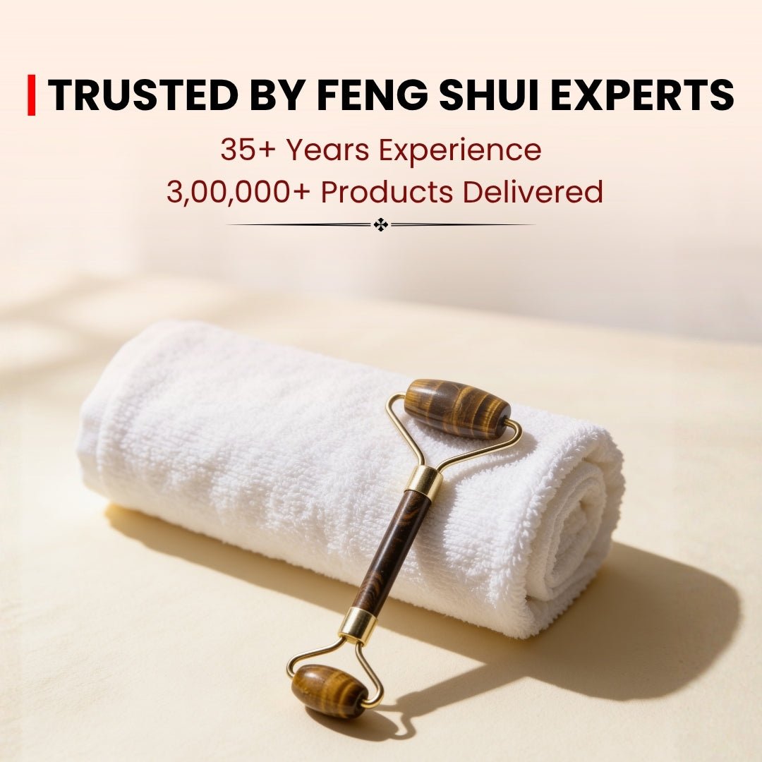 Tiger Eye massager infographic highlighting tension relief, puffiness reduction, facial circulation, and grounding energy