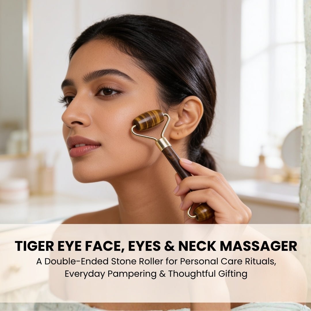 Ergonomic curved handle of Tiger Eye facial roller resting comfortably in hand ready for skincare application