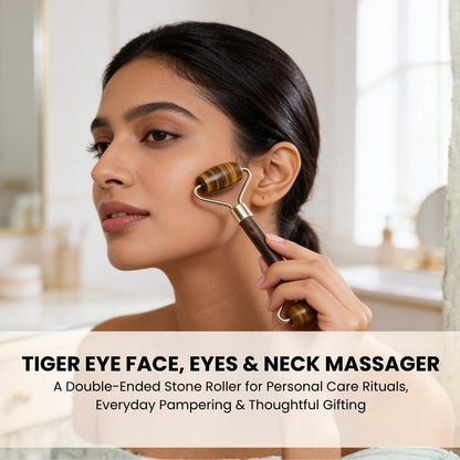 Ergonomic curved handle of Tiger Eye facial roller resting comfortably in hand ready for skincare application