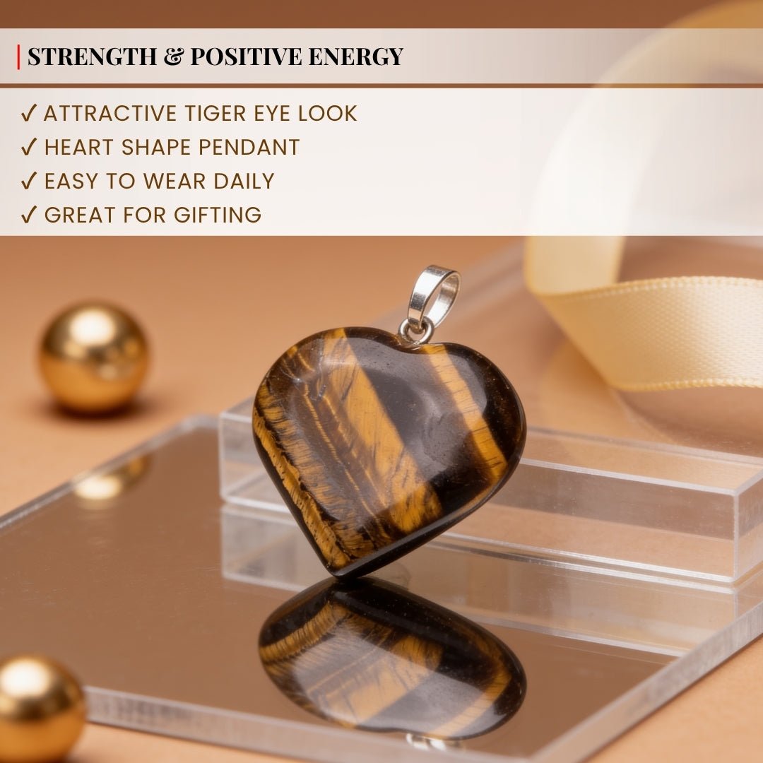 tiger eye heart pendant shown at the neckline for scale