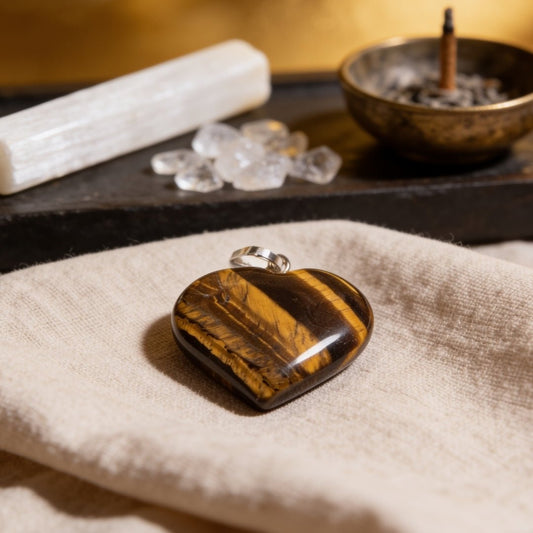 natural tiger eye heart shape pendant on a plain background