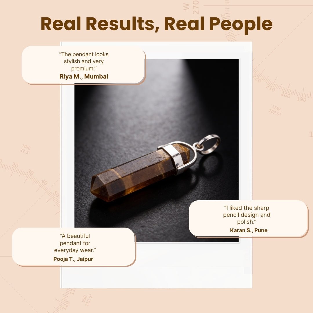 tiger eye pencil pendant worn near the collarbone for scale