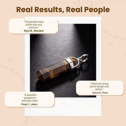 tiger eye pencil pendant worn near the collarbone for scale