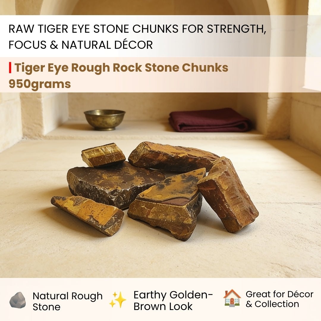 Tiger Eye rough rock displayed on a raised surface in a home or office