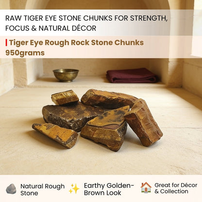 Tiger Eye rough rock displayed on a raised surface in a home or office