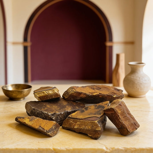 950 grams of natural Tiger Eye rough rock chunks on a plain background
