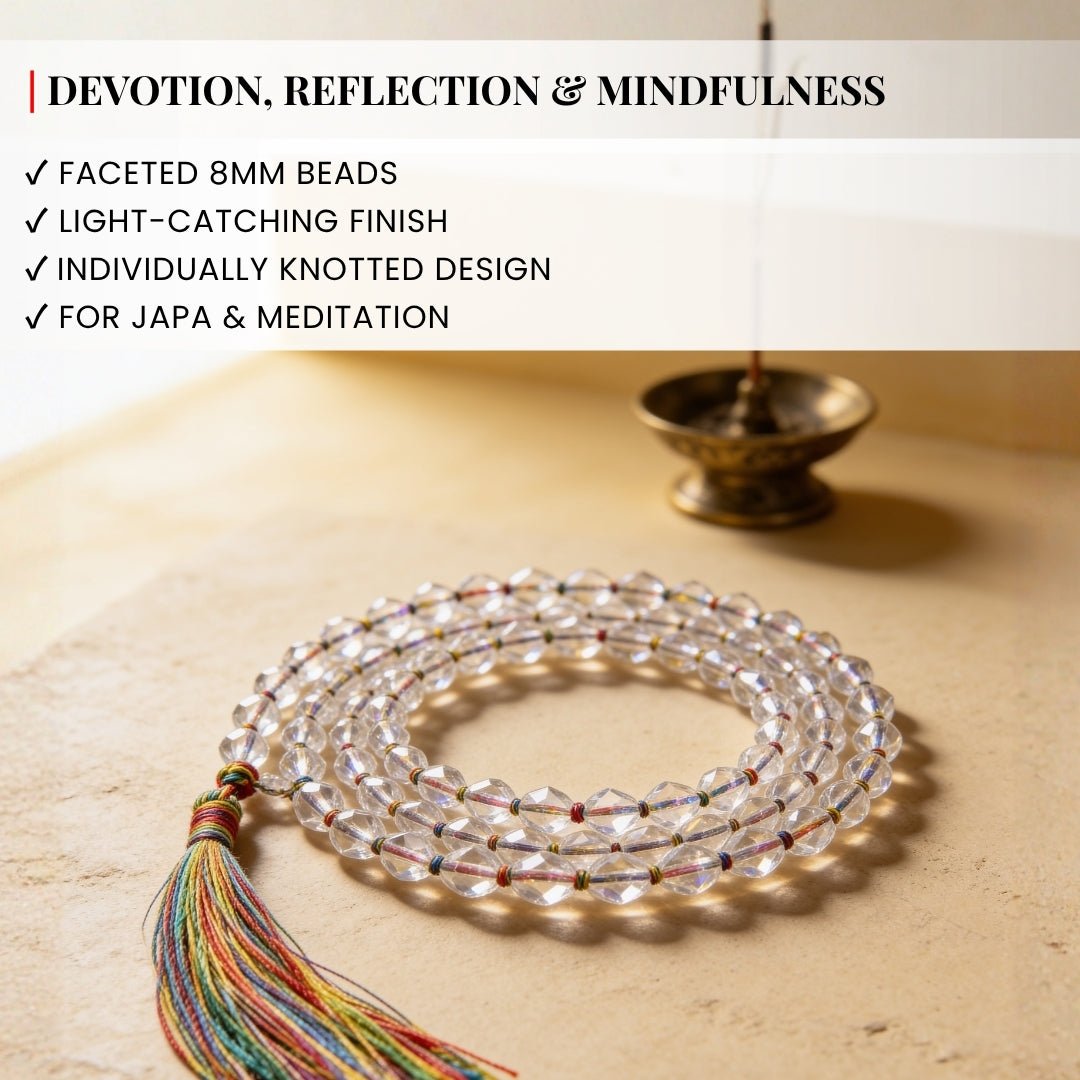 Traditional durable hand-knotted thread construction securing each 8 mm faceted titanium quartz bead