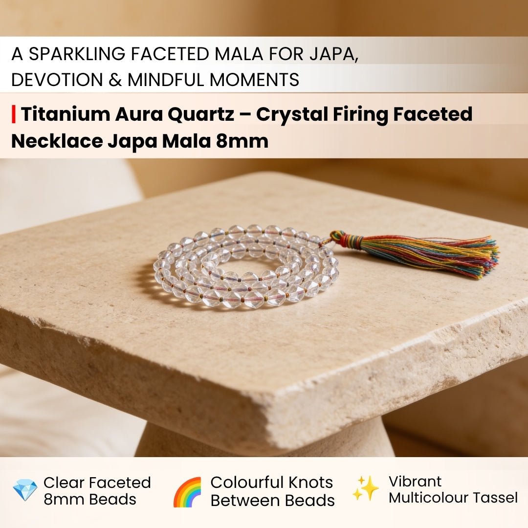 Close-up of 8 mm multi-faceted quartz beads showing metallic rainbow iridescence and brilliant light-refracting cuts