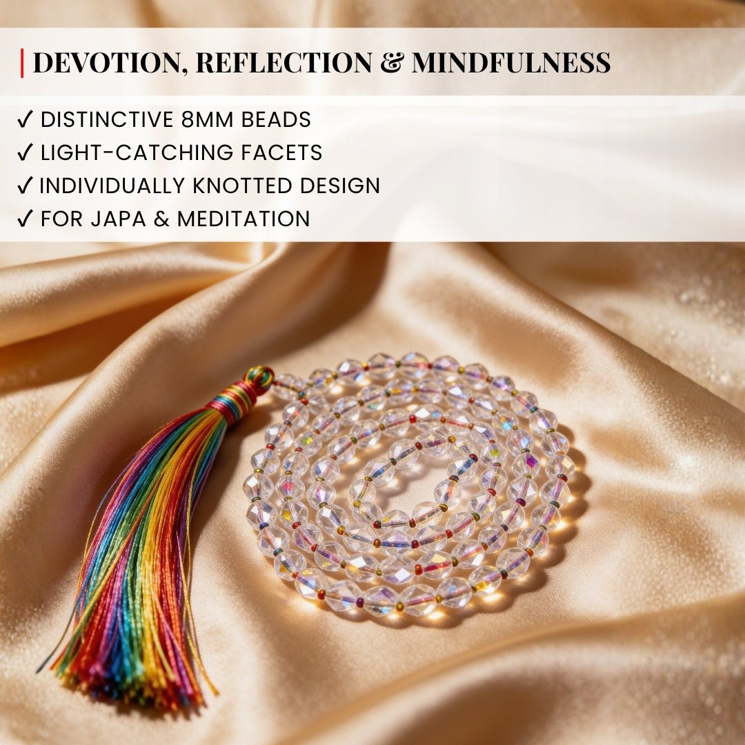 Traditional durable hand-knotted thread construction securing each smooth 8 mm titanium-treated quartz bead