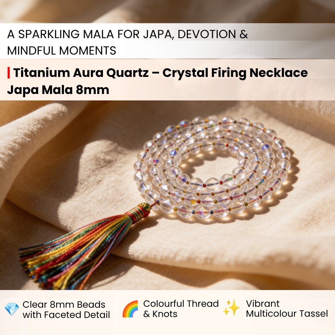 Close-up of smooth 8 mm round quartz beads showing brilliant metallic rainbow iridescence and high-gloss fire finish