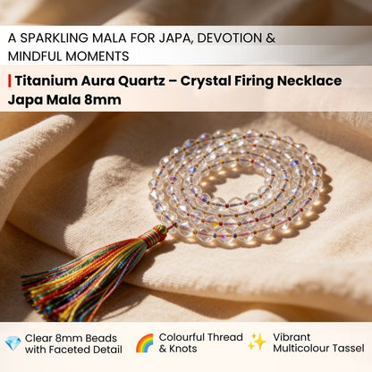 Close-up of smooth 8 mm round quartz beads showing brilliant metallic rainbow iridescence and high-gloss fire finish