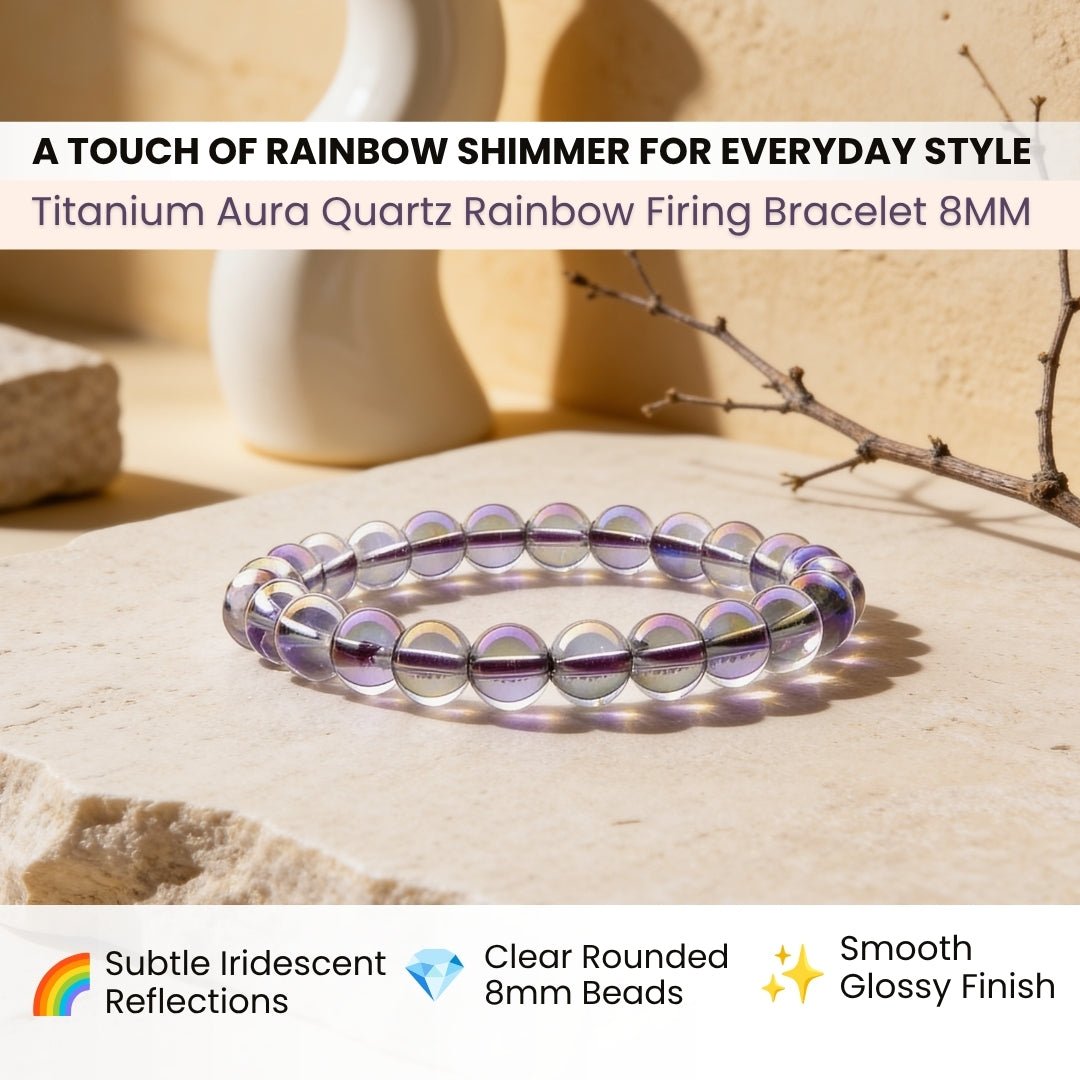 Close-up of 8 mm smooth round quartz beads highlighting brilliant multi-colored metallic rainbow sheen and vitreous polish